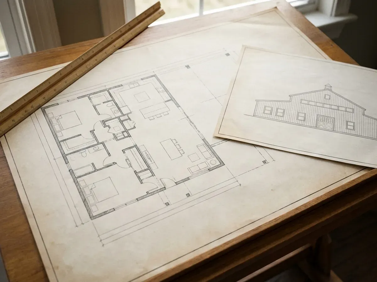 Barndominium floor plan and elevation drawings laid out on a drafting table with a scale rule.