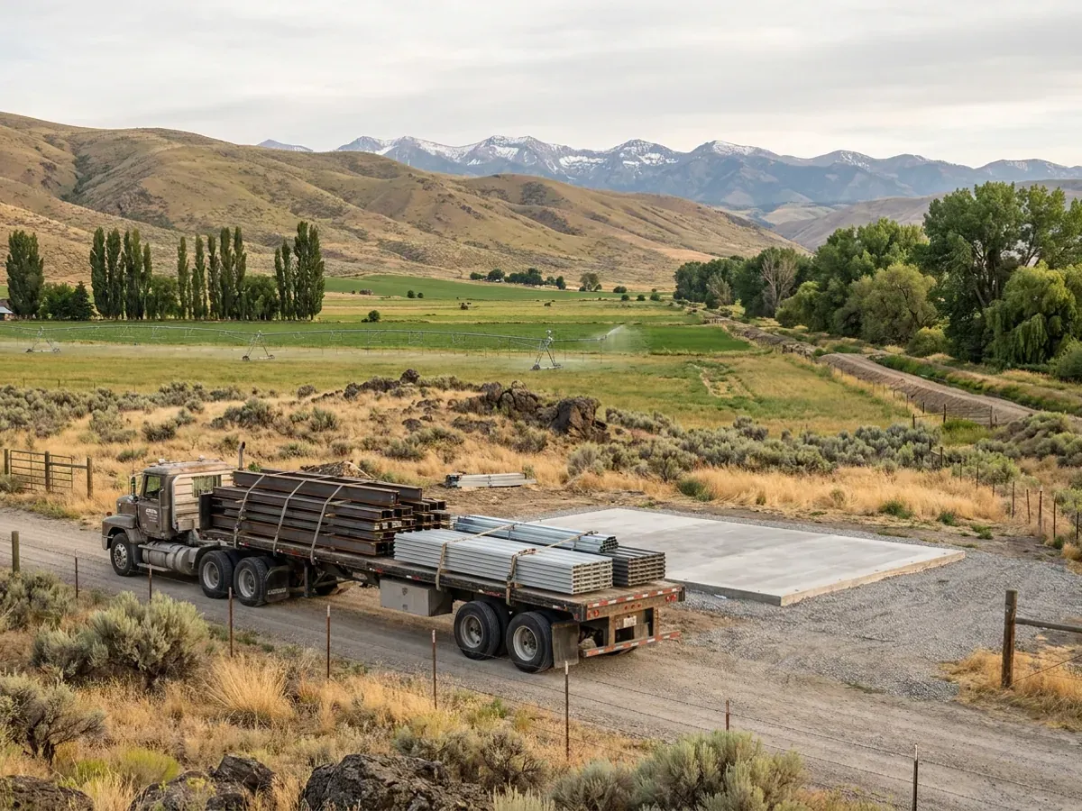 A flatbed truck delivering banded steel frame members and stacked metal roof panels to a building site beside a finished concrete slab.