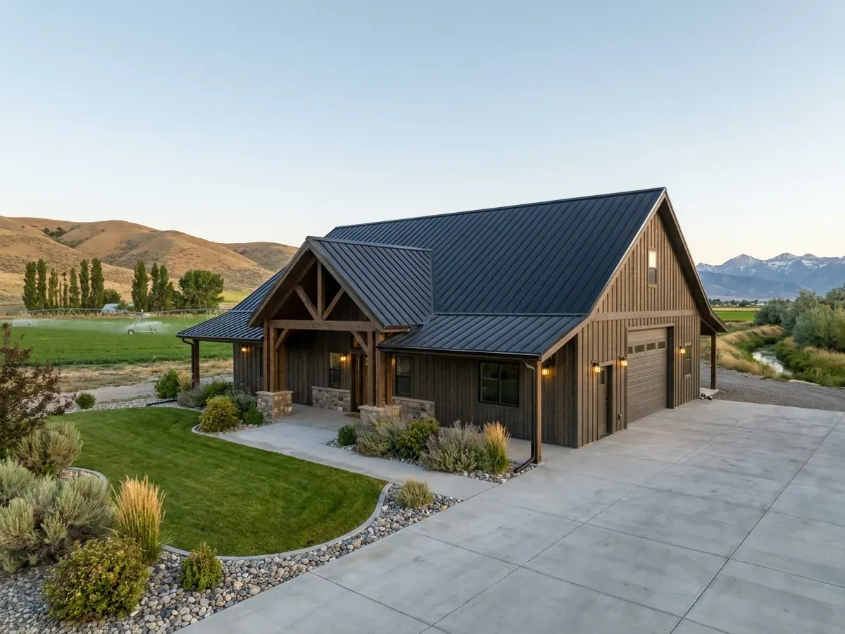 A completed barndominium home viewed from the front corner, with finished landscaping, a covered entry porch and an attached shop bay.