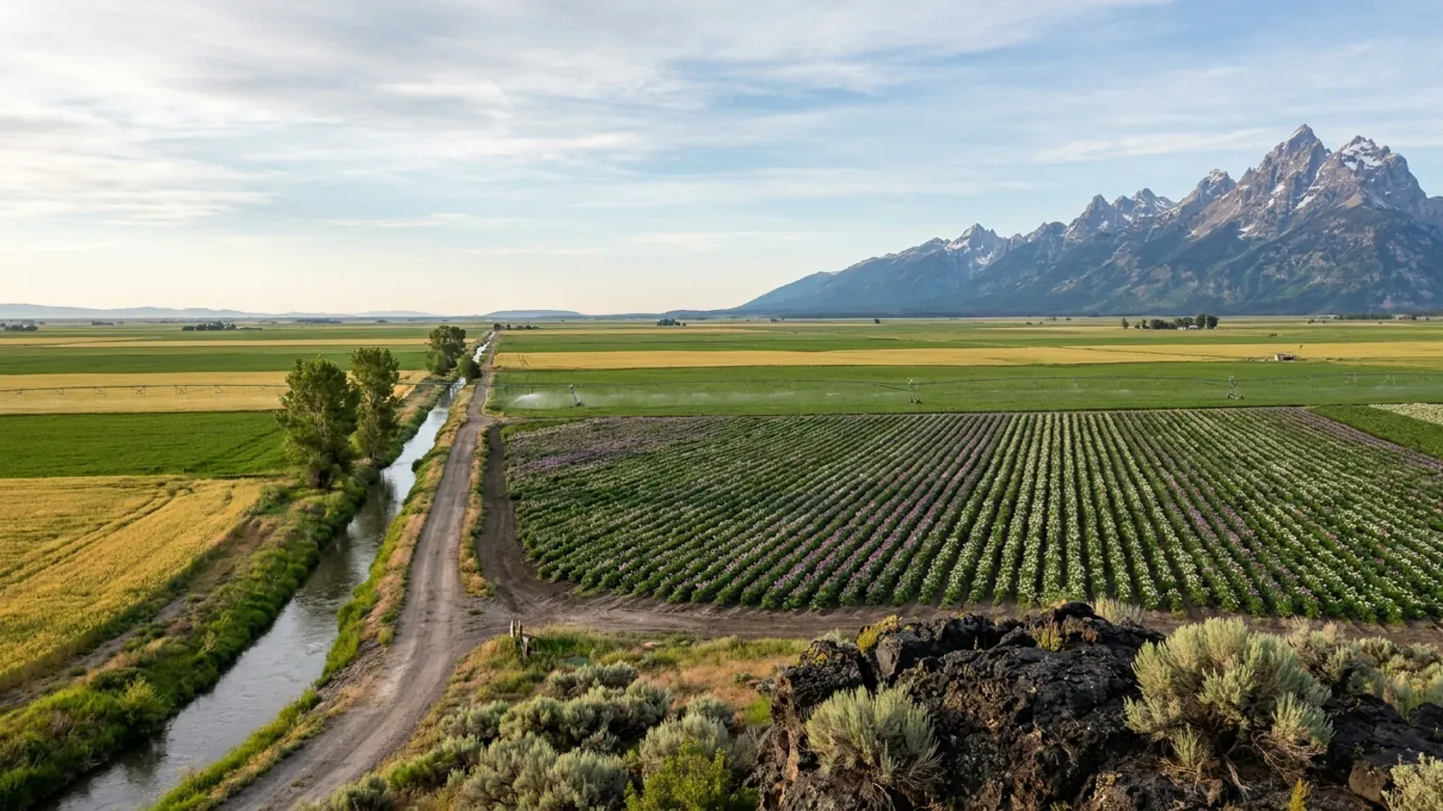 Flat irrigated potato and grain fields on the Upper Snake River Plain with a lava outcrop and a jagged snow-streaked range on the horizon.