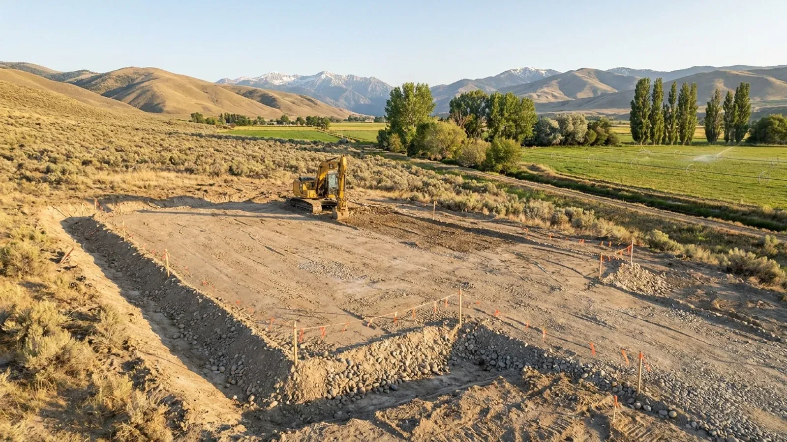 An excavator grading a compacted building pad on a cleared lot, with survey stakes and a drainage swale visible and sagebrush beyond.