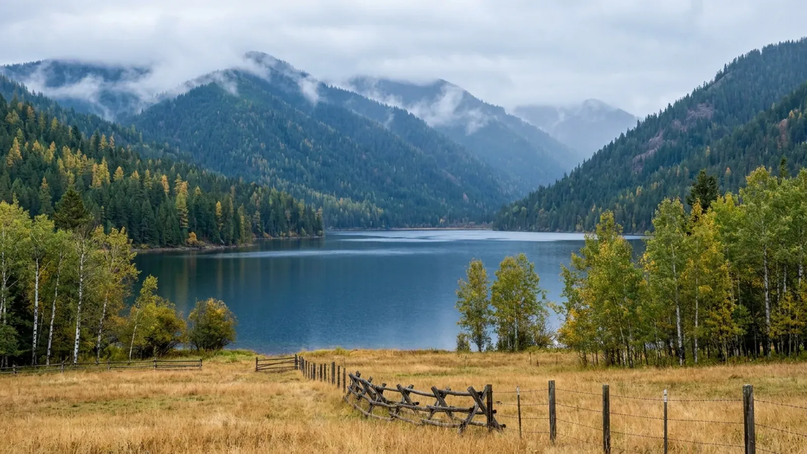 A deep blue Panhandle lake among steep timbered mountains of cedar, larch and fir, with a hay meadow running down to the shore.