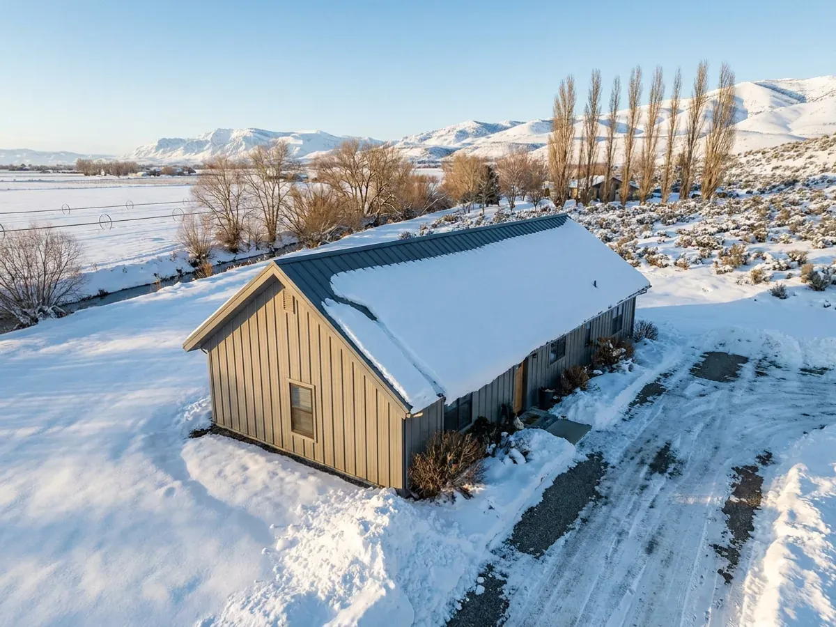 A metal-clad home in deep winter snow, its standing seam roof carrying a heavy snow load with a clean line where snow has slid off the eave.