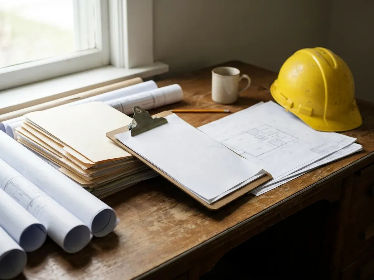 A building permit submittal package on a desk with rolled construction drawings, forms on a clipboard, and a hard hat.