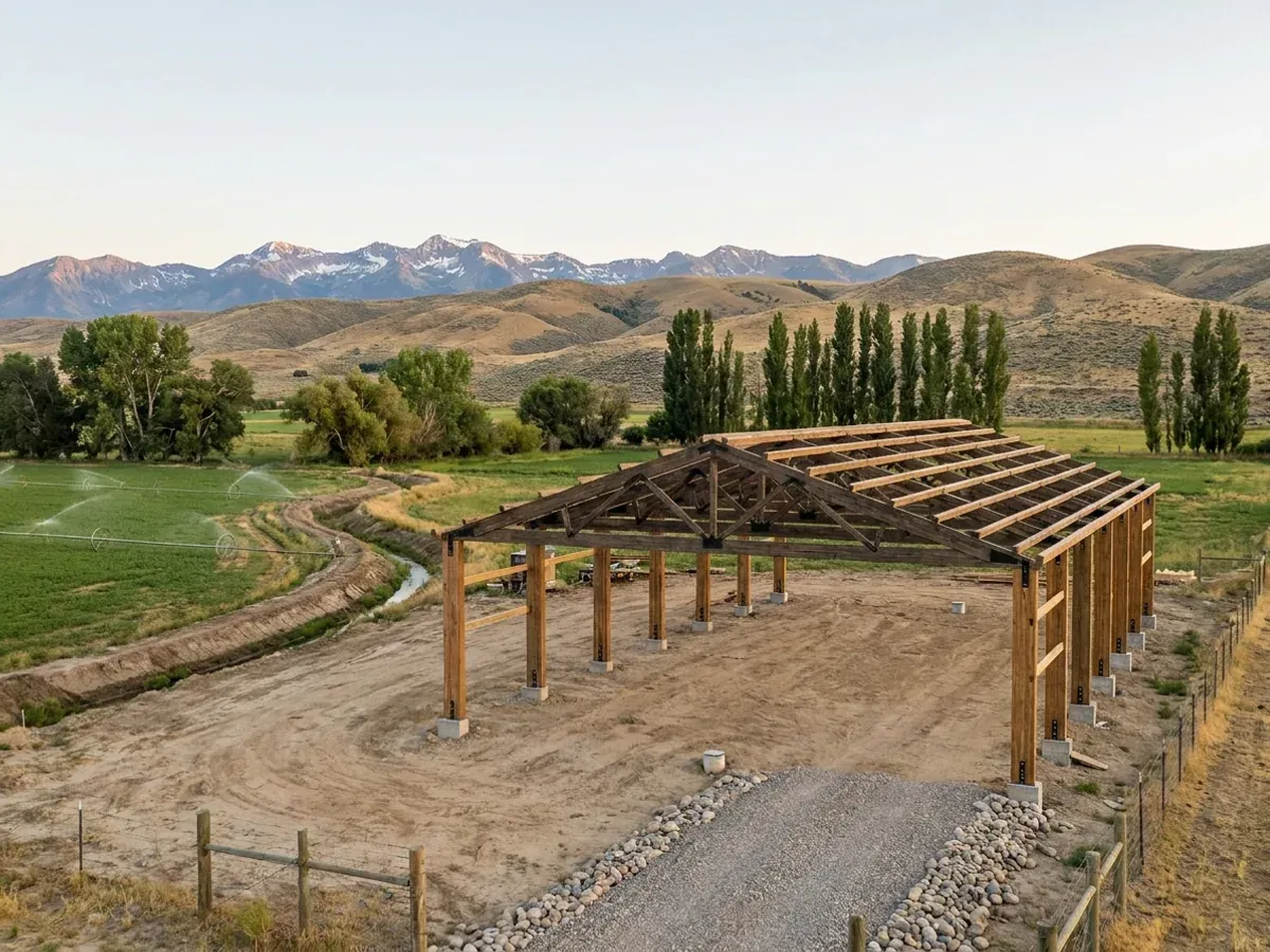 A pole barn home under construction, showing laminated timber columns on concrete piers and wide-span roof trusses with no interior bearing walls.