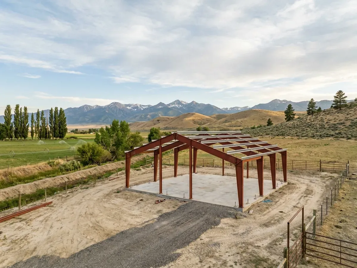A red oxide primed structural steel frame partly erected on a concrete slab, showing bolted knee joints and anchor bolts.