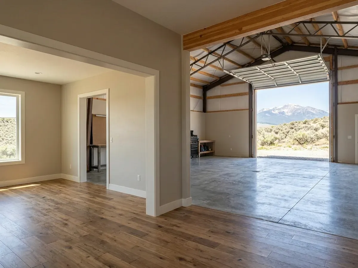 The interior of a shouse where a finished living area with warm flooring meets a shop bay with polished concrete and a tall roll-up door.