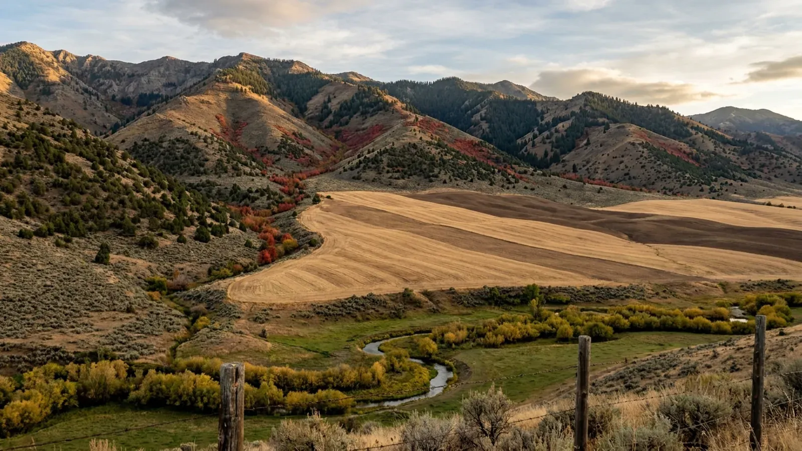 Dry south-east Idaho foothills dotted with juniper and sagebrush above strips of golden dryland wheat and a willow-lined creek.
