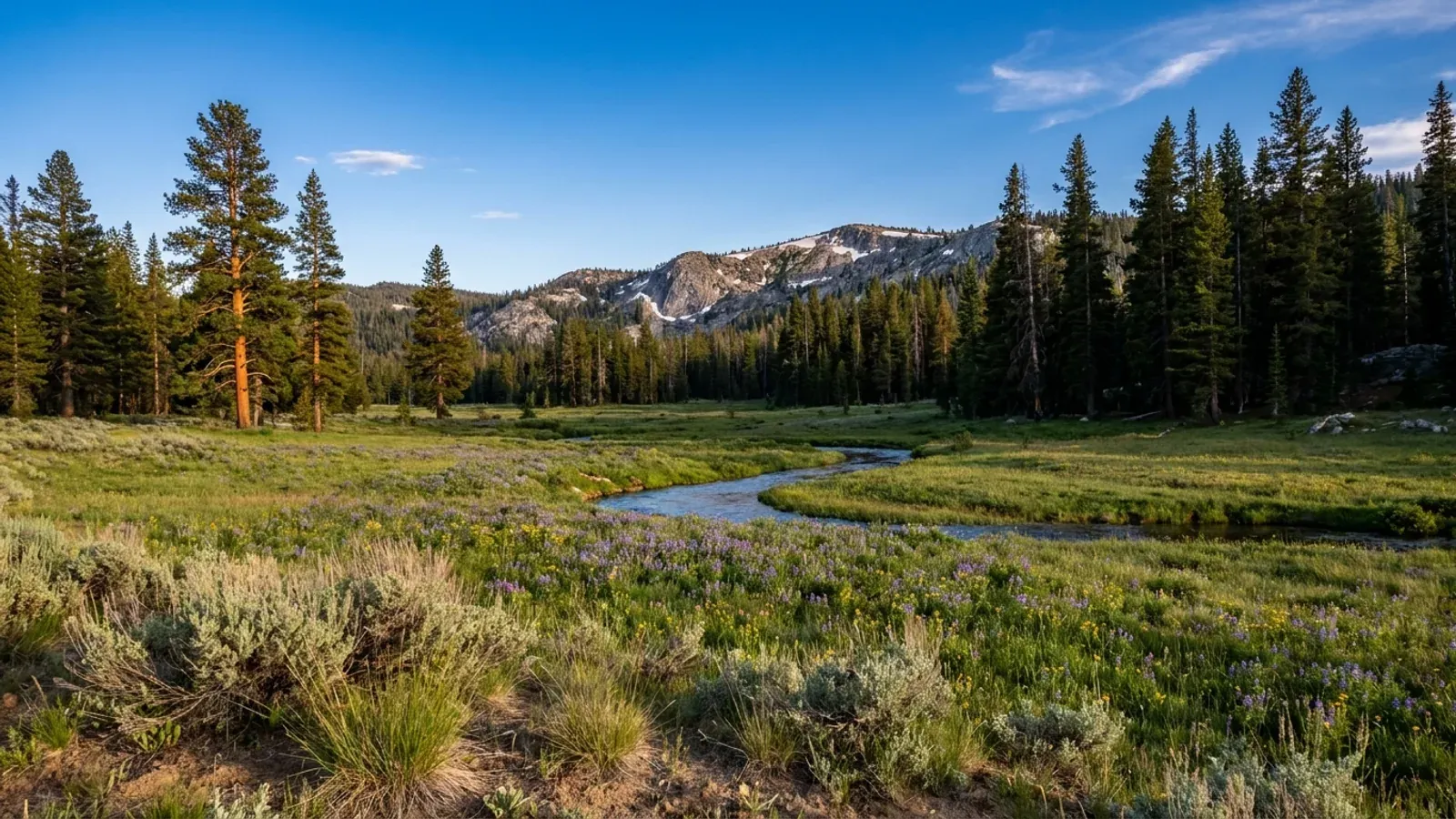 A high mountain meadow with a meandering creek, ponderosa and lodgepole pine on the slopes and a granite ridge with lingering snow.